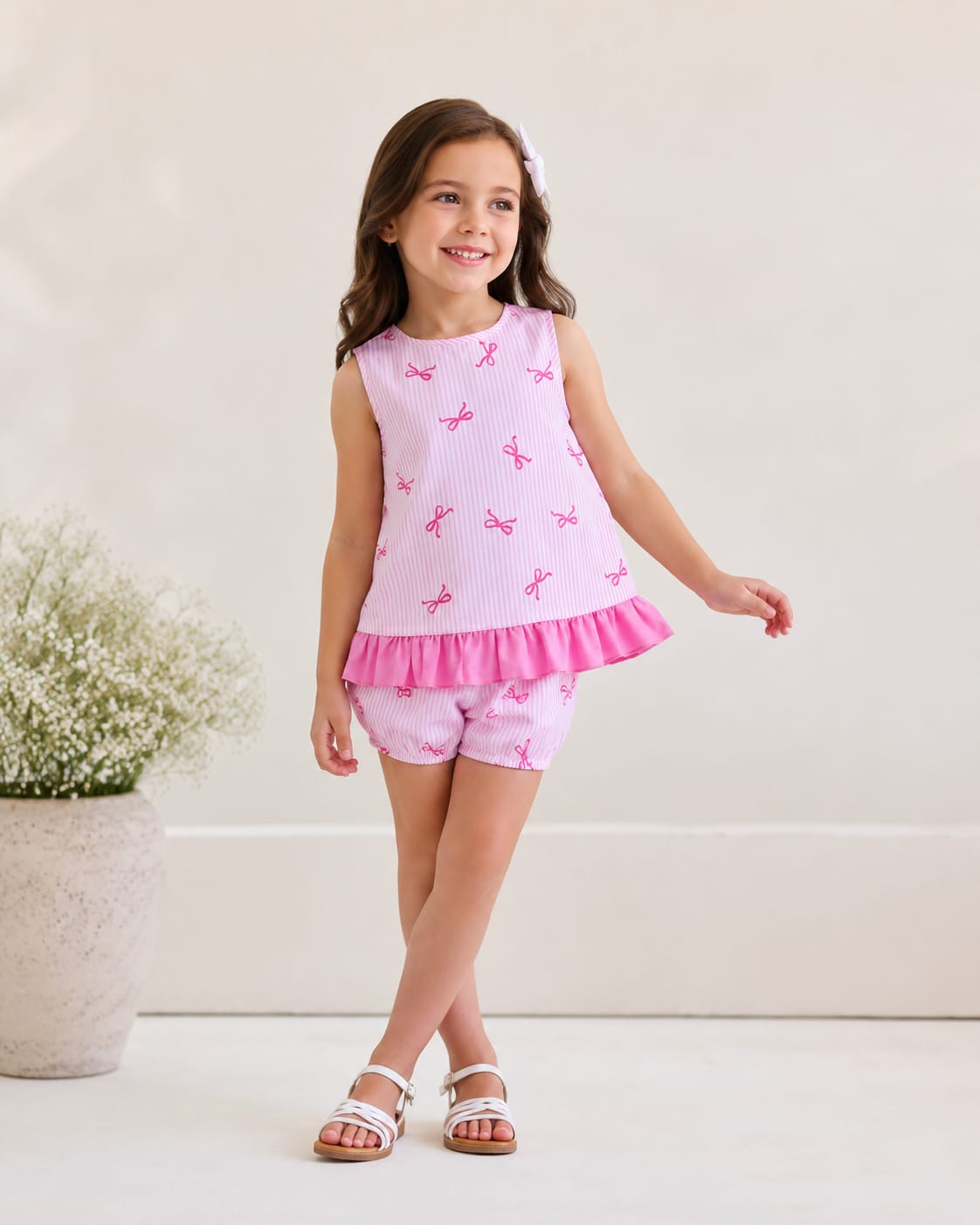 Girls Pink Bow Frill Shorts Set