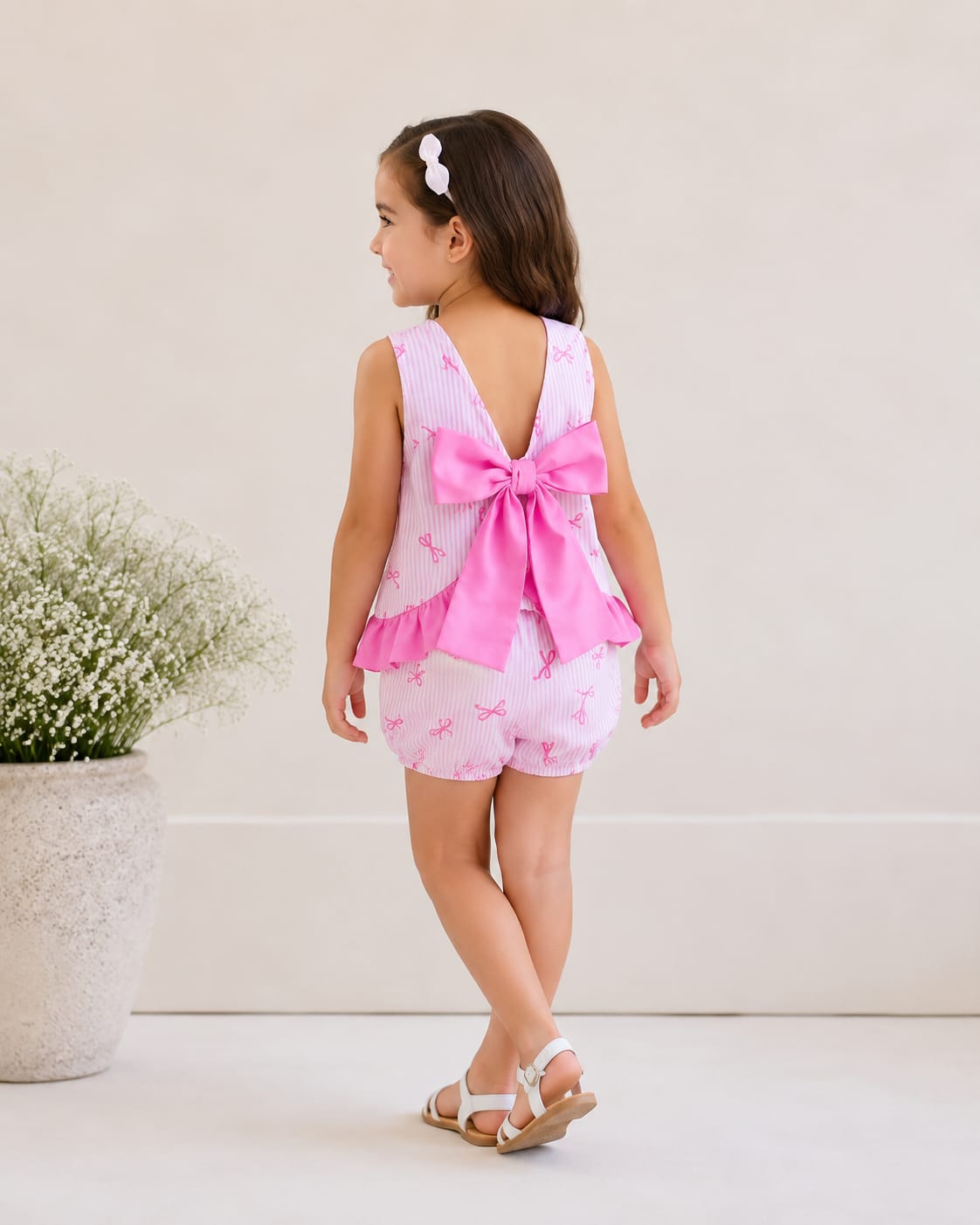 Girls Pink Bow Frill Shorts Set