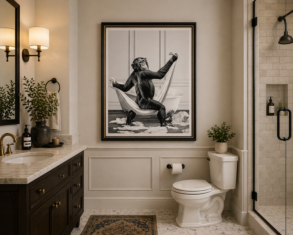 Bubble Bath Chimp Wall Art Print | Funny Bathroom Decor Gift