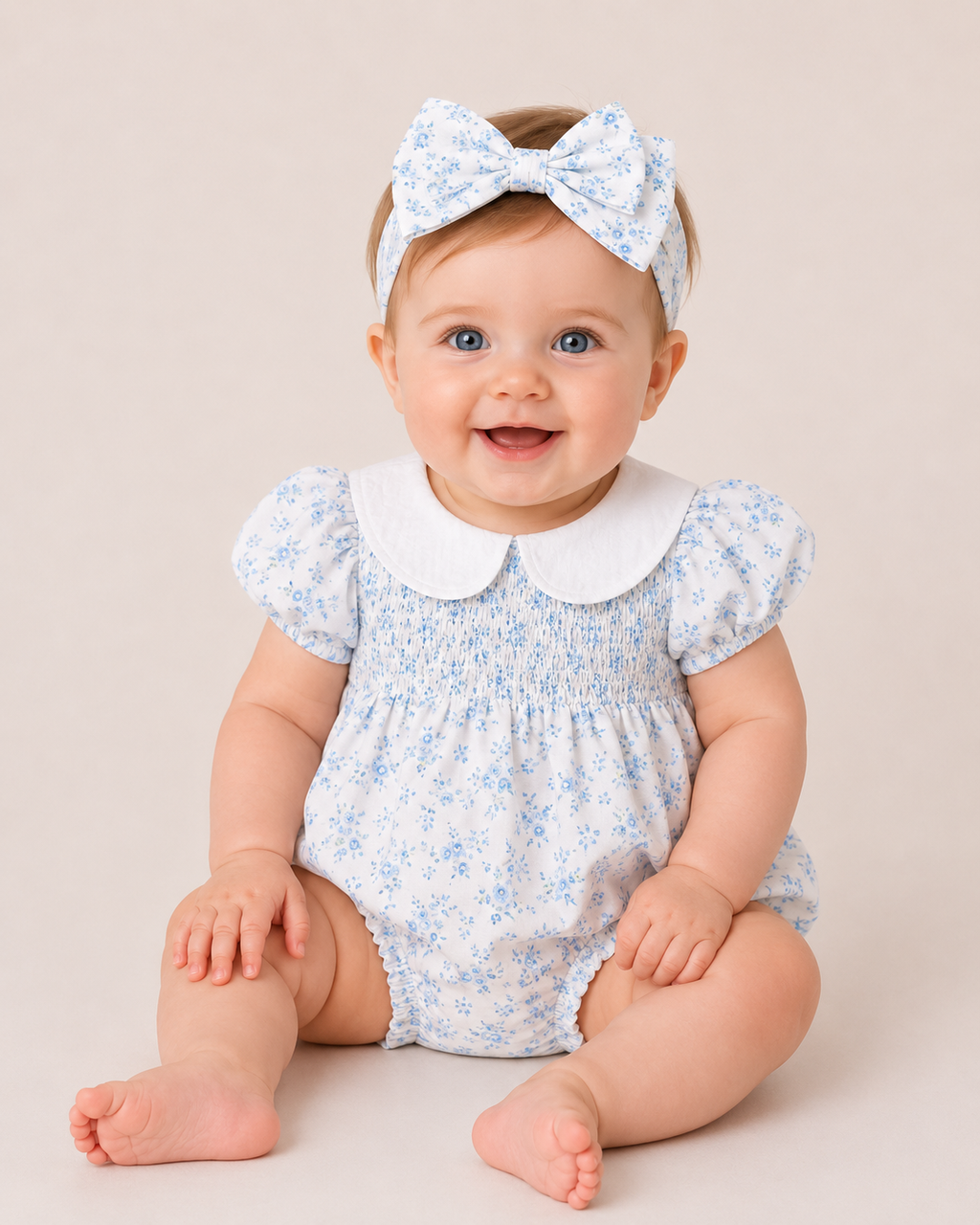 Baby Girls Blue Floral Smocked Romper with Peter Pan Collar & Matching Headband