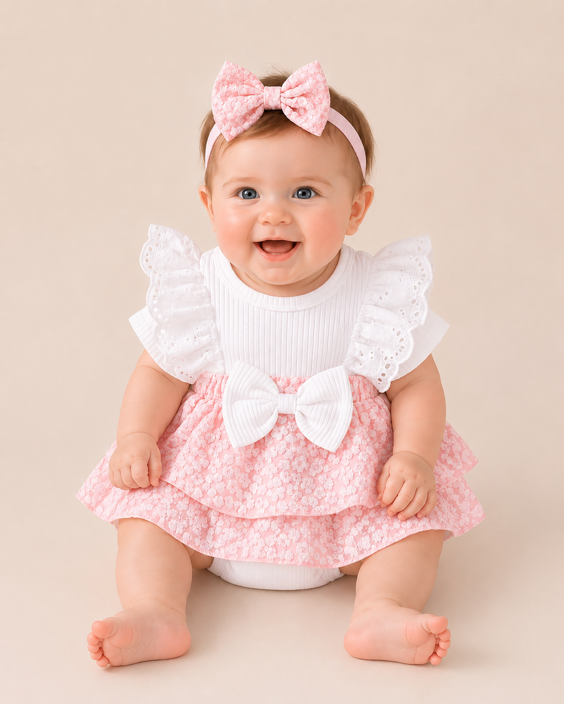 Baby Girls Pink Floral Bow Frill Romper Dress with Matching Headband