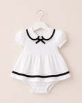 Baby Girls White Peter Pan Collar Bow Romper Dress with Black Ribbon Detail