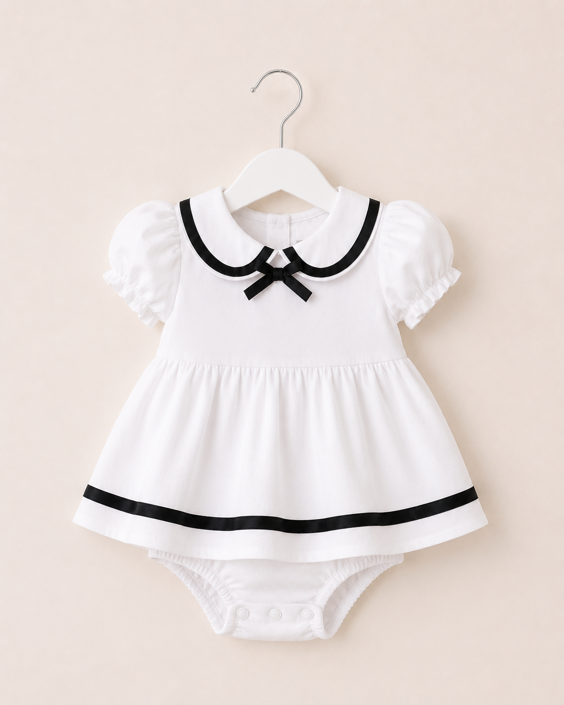 Baby Girls White Peter Pan Collar Bow Romper Dress with Black Ribbon Detail