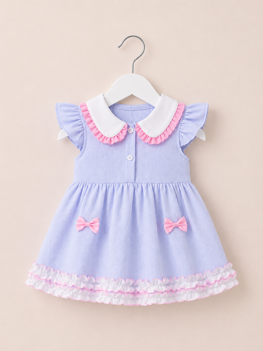Baby Girls Blue Peter Pan Collar Dress with Pink Bows & Frill Hem