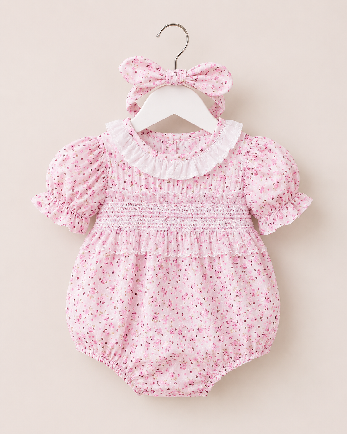 Baby Girls Pink Floral Smocked Romper with Frill Collar & Matching Headband