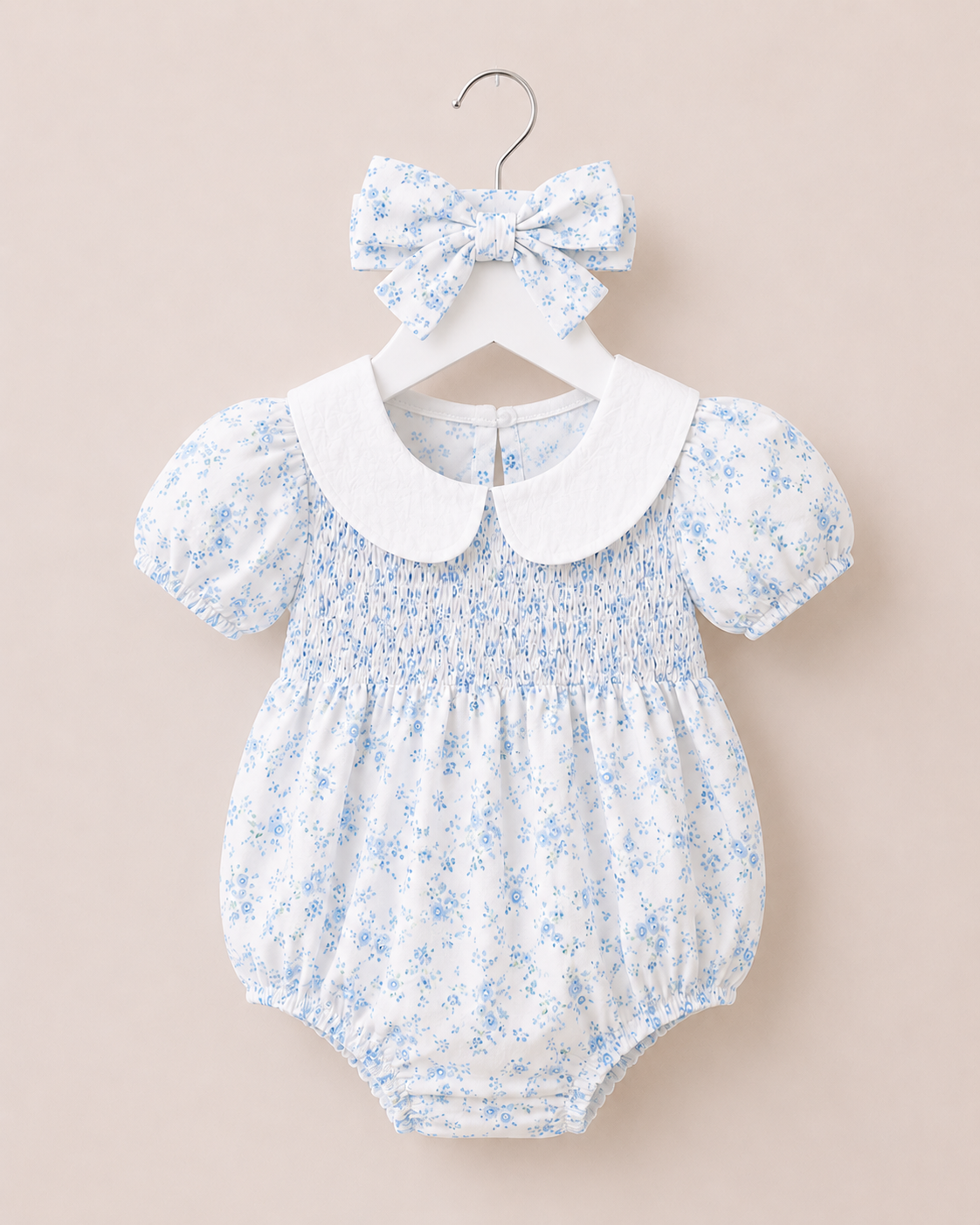 Baby Girls Blue Floral Smocked Romper with Peter Pan Collar & Matching Headband