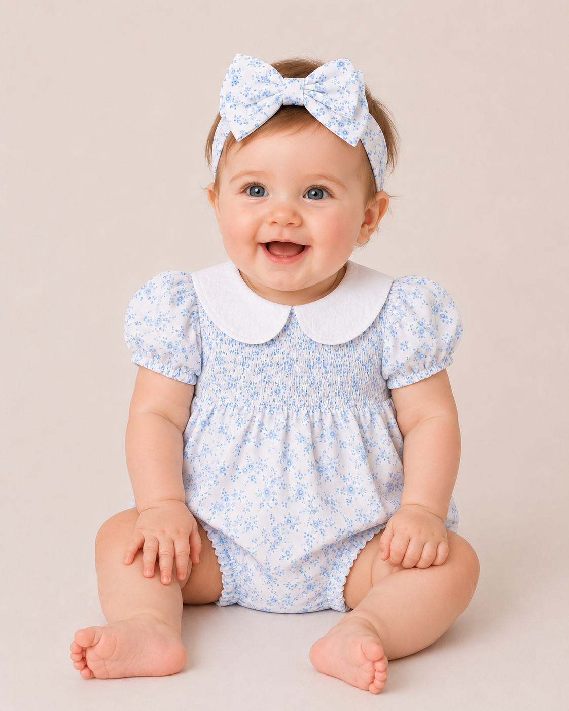 Baby Girls Blue Floral Smocked Romper with Peter Pan Collar & Matching Headband