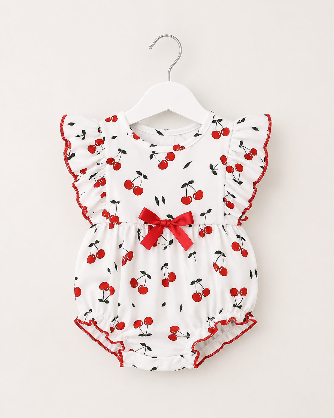 Baby Girls Cherry Print Frill Romper with Matching Sun Hat & Bow Detail
