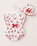 Baby Girls Cherry Print Frill Romper with Matching Sun Hat & Bow Detail