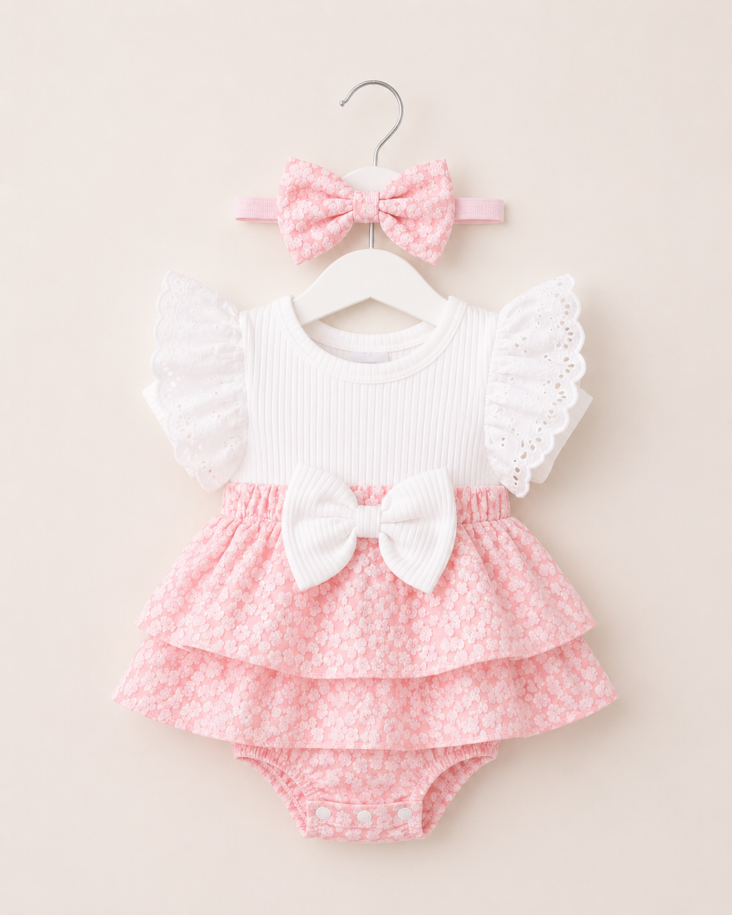 Baby Girls Pink Floral Bow Frill Romper Dress with Matching Headband