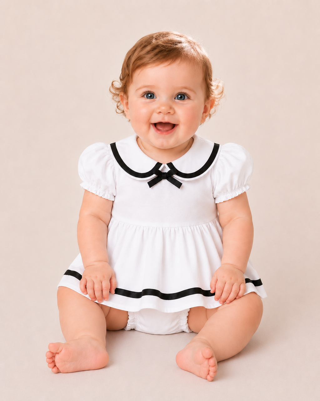 Baby Girls White Peter Pan Collar Bow Romper Dress with Black Ribbon Detail