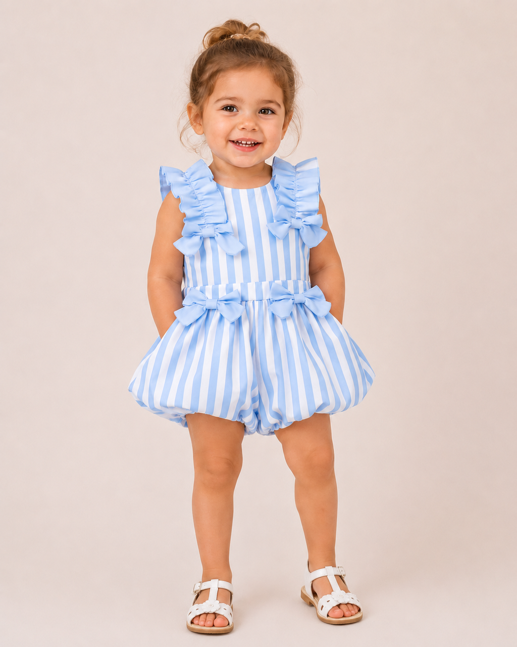 Baby Girls Blue & White Stripe Bow Bubble Romper with Frill Shoulders