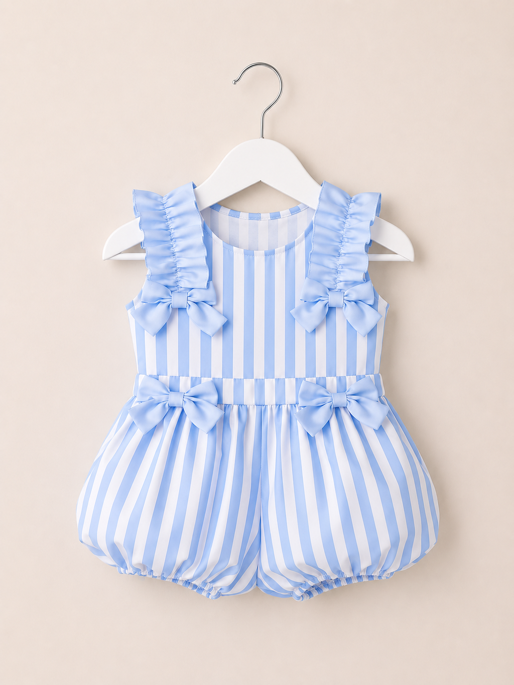 Baby Girls Blue & White Stripe Bow Bubble Romper with Frill Shoulders