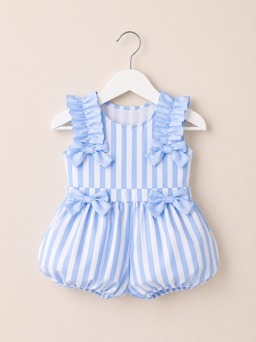 Baby Girls Blue & White Stripe Bow Bubble Romper with Frill Shoulders