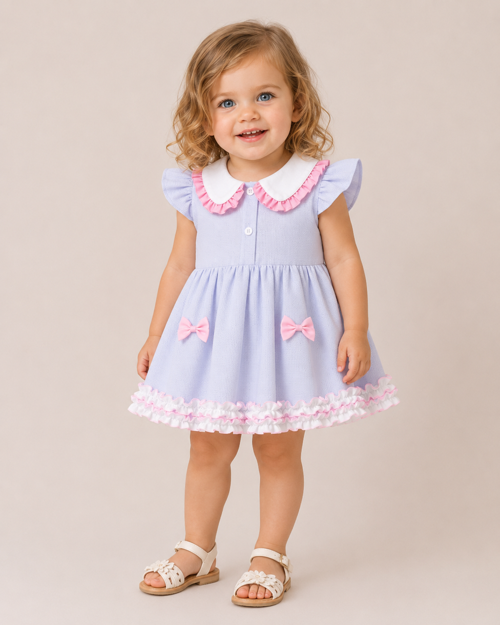 Baby Girls Blue Peter Pan Collar Dress with Pink Bows & Frill Hem