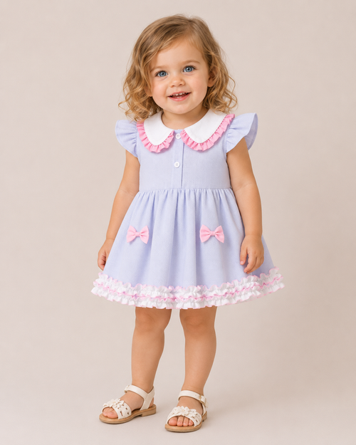 Baby Girls Blue Peter Pan Collar Dress with Pink Bows & Frill Hem