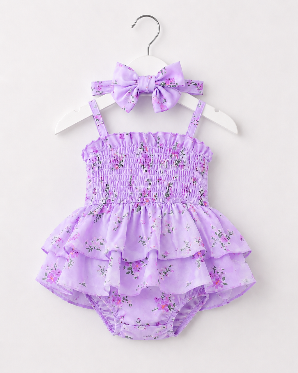 Lilac Blossom Smocked Romper & Bow Set
