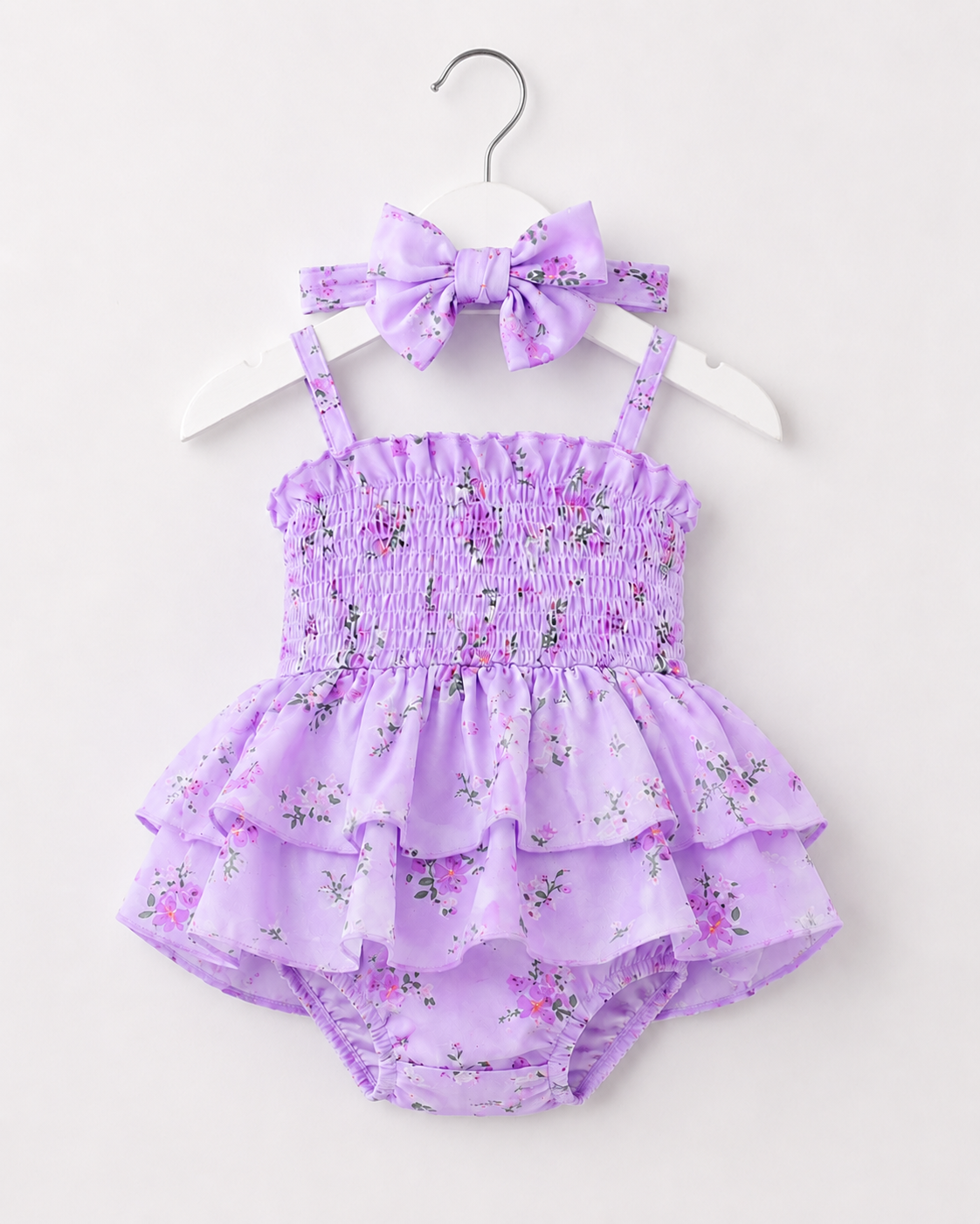 Lilac Blossom Smocked Romper & Bow Set