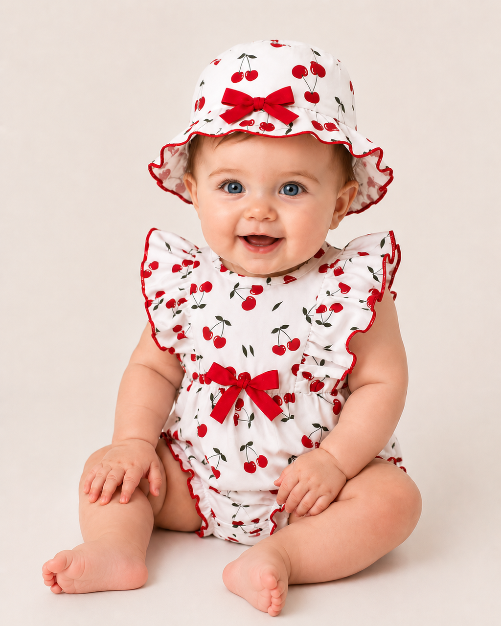 Baby Girls Cherry Print Frill Romper with Matching Sun Hat & Bow Detail