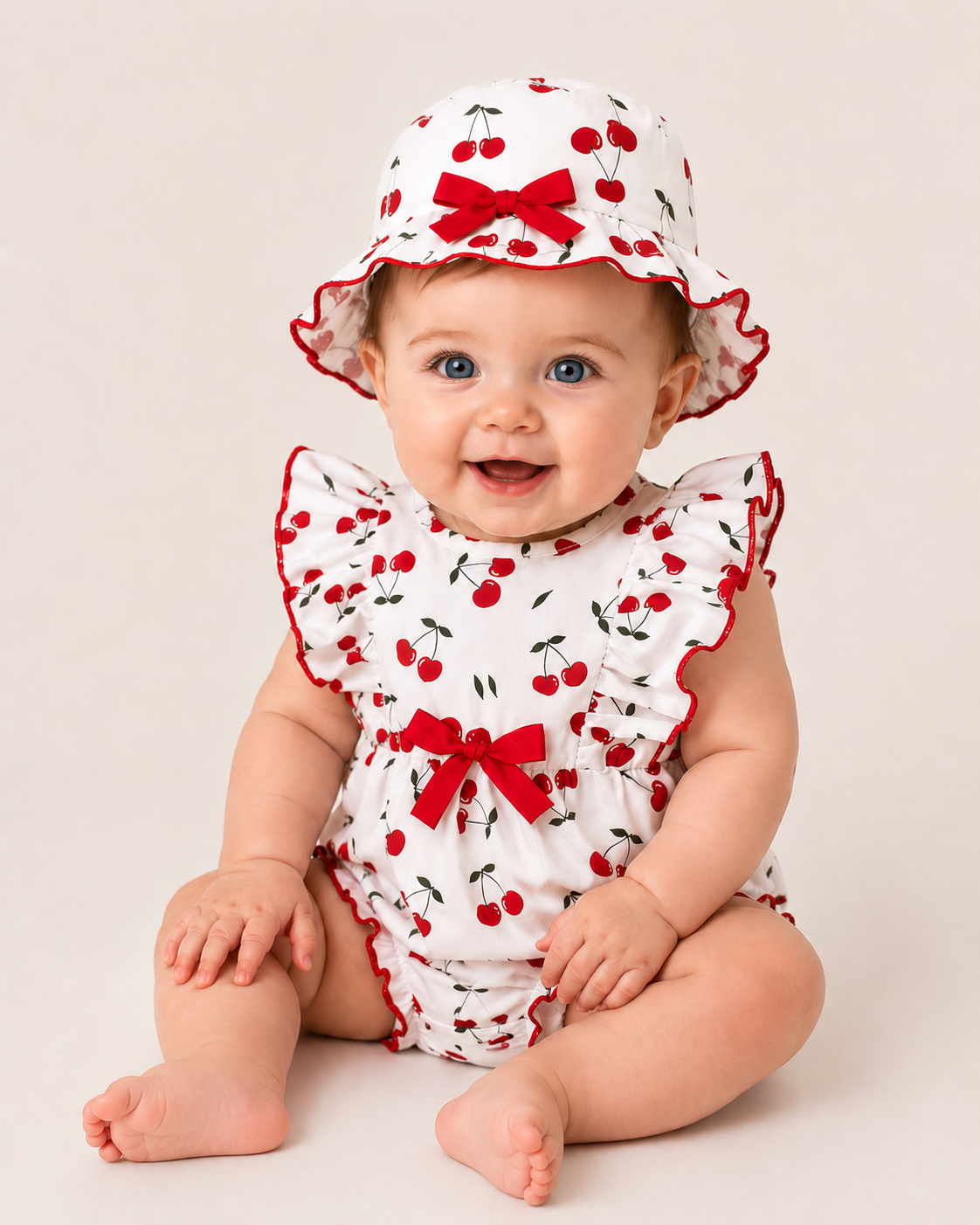 Baby Girls Cherry Print Frill Romper with Matching Sun Hat & Bow Detail