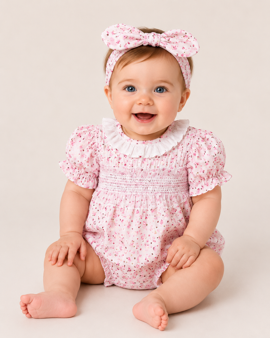 Baby Girls Pink Floral Smocked Romper with Frill Collar & Matching Headband