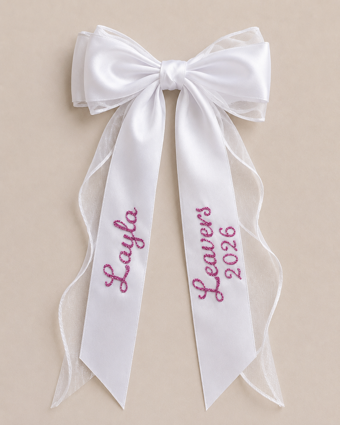 Personalised Ribbon Leavers Hair Bow, Glitter Name, School Leaver 2026 Gift